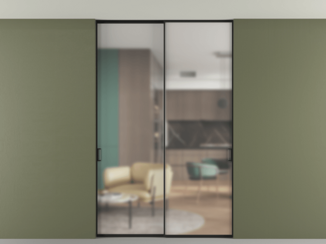 Перегородка Formato внутри проёма скрытое крепление в потолок 2 створки АЛПР 040.01 Алюминий Черный Сатинированное стекло "Matelux Crystal Vision", калёное, матовое, каленое 6 мм Цена 286160 ₽ | Volhovec