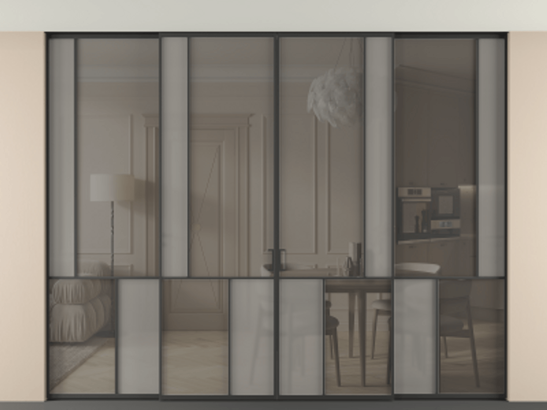 Перегородка Мозаик внутри проёма скрытое крепление в потолок 4 створки АЛПР 041.21 Алюминий Черный Сатинированное серое стекло, триплекс, 6 мм + Прозрачное серое стекло, триплекс. Скрытый короб ЧЕР Цена 574140 ₽ . Фабрика дверей Волховец 8 (800) 551 43 19 Перегородка Мозаик внутри проёма скрытое крепление в потолок 4 створки АЛПР 041.21 Алюминий Черный Сатинированное серое стекло, триплекс, 6 мм + Прозрачное серое стекло, триплекс Цена 574140 ₽ | Volhovec