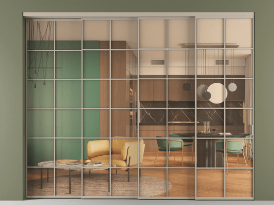 Алюминевая перегородка АЛПР 040.05_АБСК_ПРОЗ ОРАНЖ_new. Цвет Алюминий бисквитный. Материал Алюминий в эмали. Коллекция Перегородка Formato внутри проёма 4 створки с синхронным механизмом. Картинка.