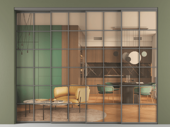 Алюминевая перегородка АЛПР 040.05_АКЛС_ПРОЗ ОРАНЖ_new. Цвет Алюминий классический серый. Материал Алюминий в эмали. Коллекция Перегородка Formato внутри проёма 4 створки с синхронным механизмом. Картинка.