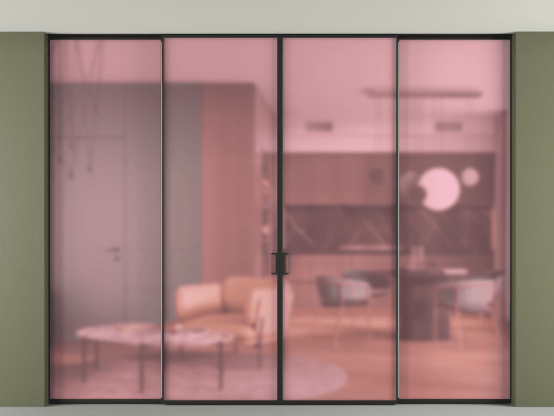 Алюминевая перегородка АЛПР 040.01_ЧРН_САТ РОЗ_new. Цвет Алюминий Черный. Материал Алюминий. Коллекция Перегородка Formato внутри проёма скрытое крепление в потолок 4 створки. Картинка.